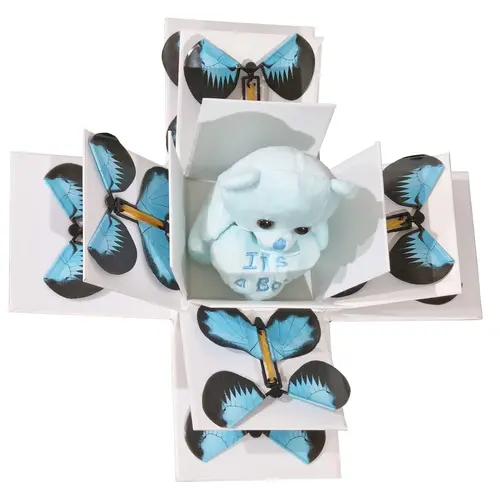 Box with 8 Blue Butterflies and Teddy