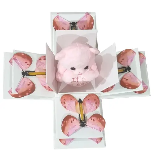 Box with 8 Pink Butterflies and Teddy