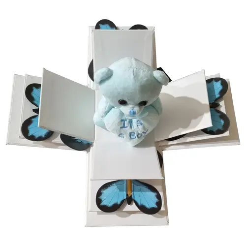 Box with 4 Blue Butterflies and Teddy